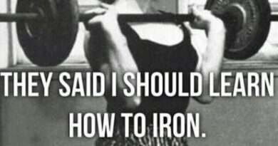 Woman lifting barbells with text saying "They said I should learn how to iron. So I did.