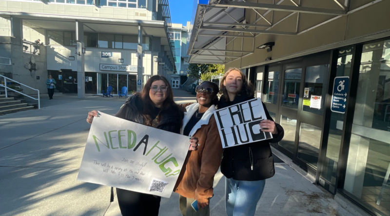 Three psychology students holding Free Hugs signs on VIU campus.