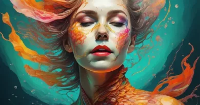 Woman with orange hair and multicoloured skin.