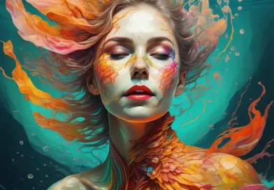 Woman with orange hair and multicoloured skin.