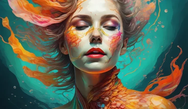 Woman with orange hair and multicoloured skin.