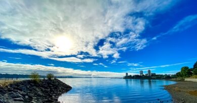 Sky and shore of island watershed.