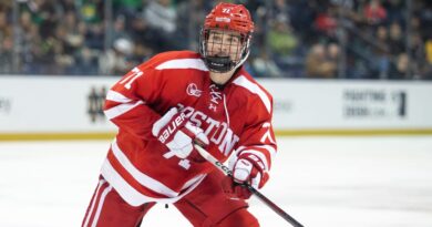 Hockey player Macklin Celebrini poses and plays for Boston University.