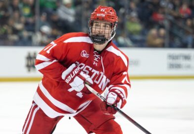 Hockey player Macklin Celebrini poses and plays for Boston University.