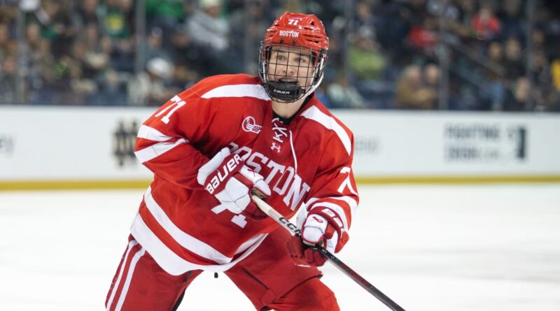Hockey player Macklin Celebrini poses and plays for Boston University.