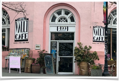 pink building storefront of The Valut cafe in Nanaimo