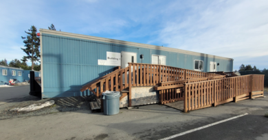 blue container housing with fence